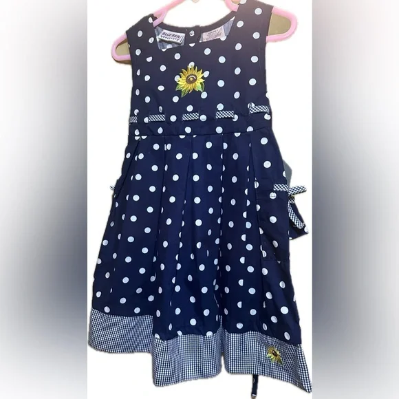 Blueberi boulevard dress navy w/polka dots & sunflower details - girl’s 4T - Picture 8 of 10